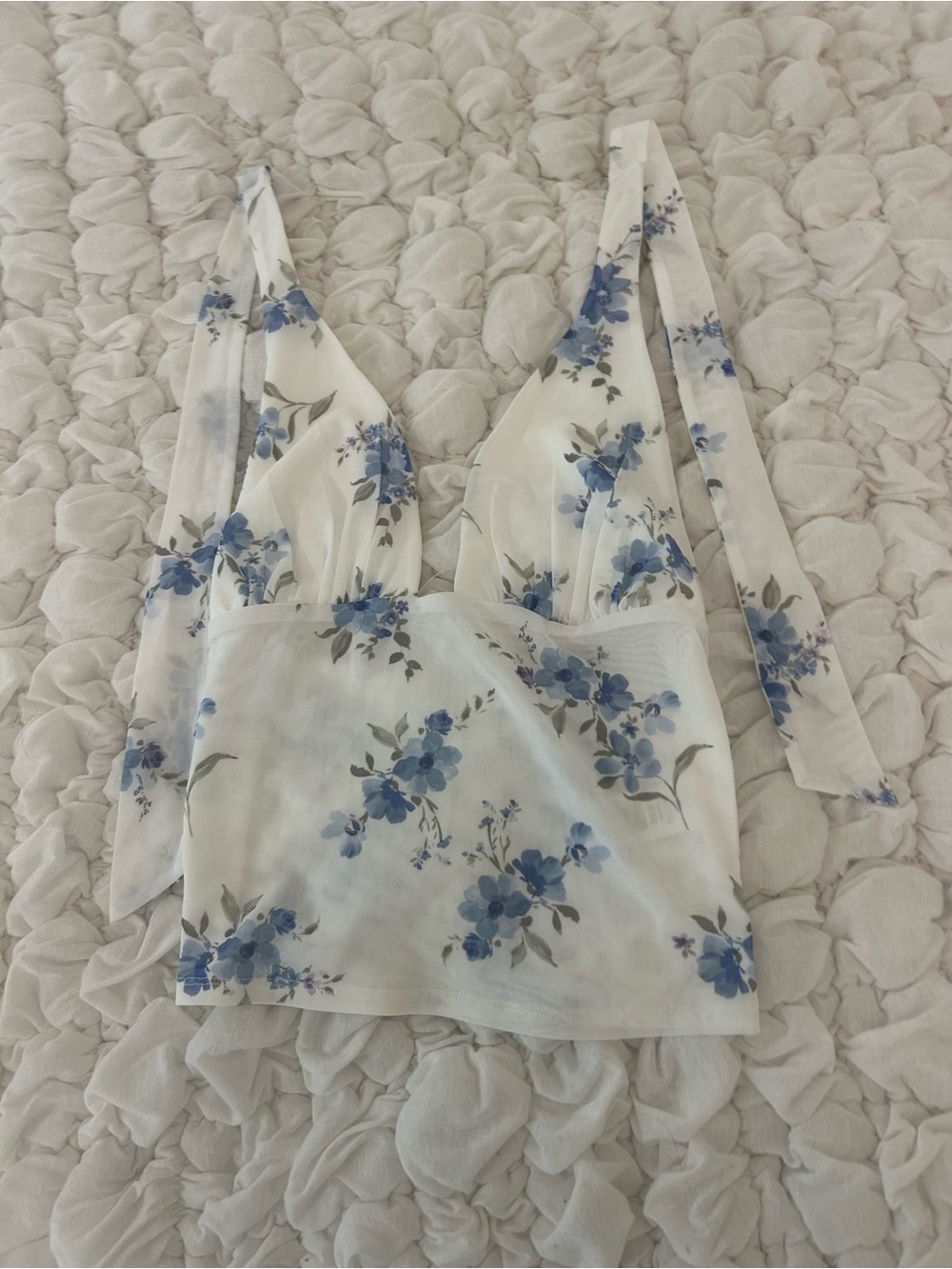 Garage White Crop Camisole with Blue Floral Tie-Straps